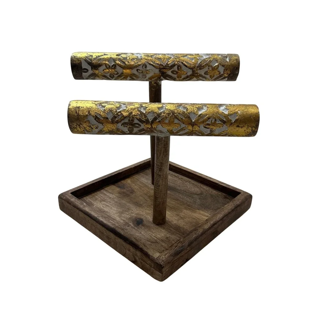 Downeast Wooden Carved 2-Tier Bangle Bar Jewelry Stand Gold White Natural Wood
